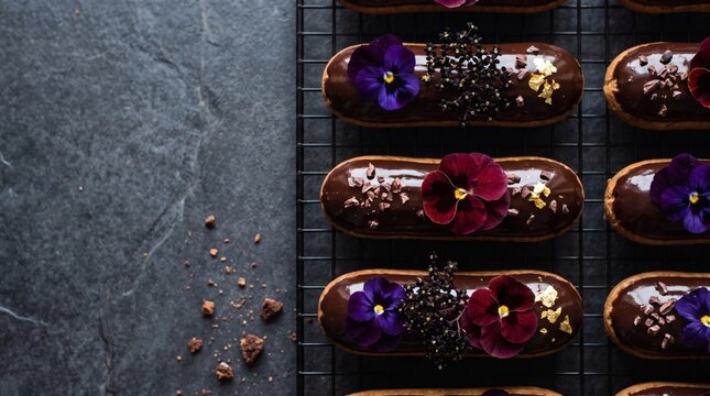 Chocolate eclairs with edible flowers on cooling rack