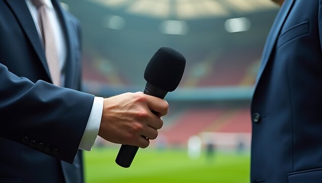 Sports Journalist Interviewing Athlete After Game in Stadium.