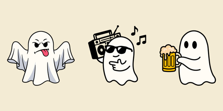 Funny ghost cartoon character set teasing with tongue out, listening to music with boombox and drinking beer vector illustration