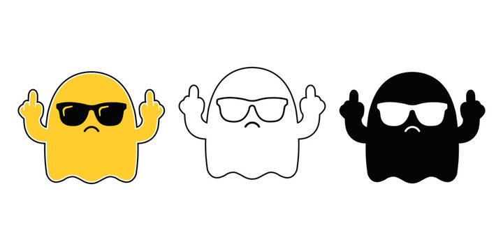 Cool rude ghost with sunglasses vector icon set in color outline and silhouette styles for halloween t-shirt design
