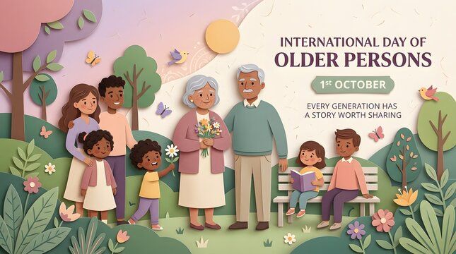 Family gathering with grandparents depicted in a colorful papercut illustration