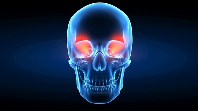 Human skull with glowing eye sockets and facial anatomy on dark blue background