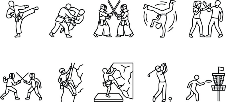 Martial Arts and Active Sports Icon Set for Karate Judo Kendo Capoeira Self Defense Fencing Rock Climbing Bouldering Golf and Disc Golf Vector Design Elements