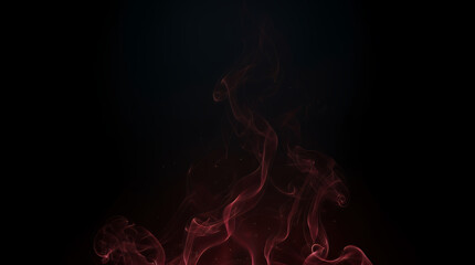 Fototapeta premium Red smoke tendrils floating delicately from the bottom frame against a pitch black background offer a subtle texture suitable for dark background compositions.