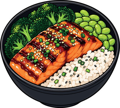 Teriyaki Salmon Rice Bowl Vector Illustration, Japanese Salmon Bowl with Rice, Broccoli and Edamame
