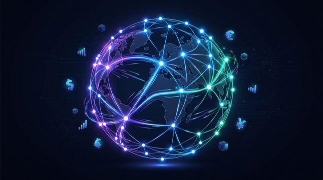 A glowing digital globe visualization with interconnected network lines and floating financial.