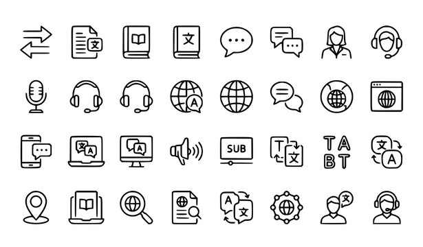 Multilingual Translation and Interpretation Line Icon Collection for Global Communication Services