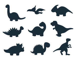 Dinosaurs Set. Silhouettes. Nine Different Dinosaurs isolated on White background. Vector illustration in Black White © irynaalex