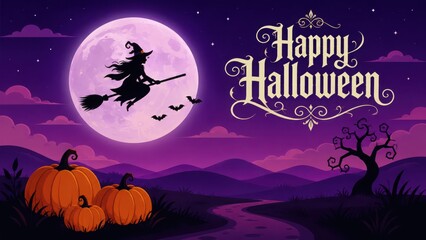 Fototapeta premium A witch flies on a broomstick against a full moon during Halloween night with pumpkins and spooky trees