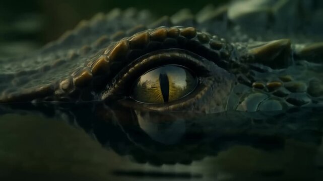 Alligator eye above dark water showing detailed scales and slit pupil