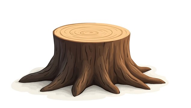 Tree stump with visible rings and roots on a white background.