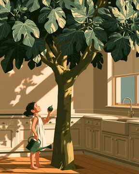 Girl with a fig from the tree growing through her kitchen floor