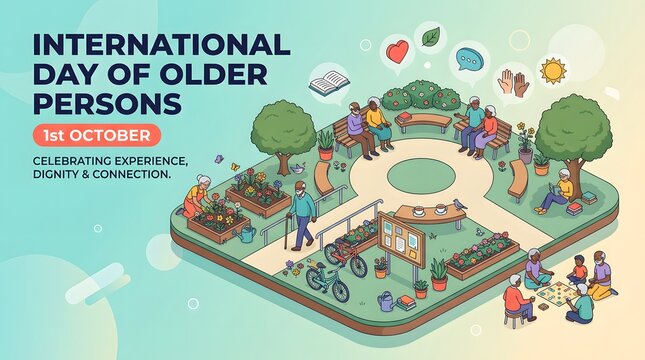 Isometric illustration depicts senior citizens enjoying leisure activities in a park setting