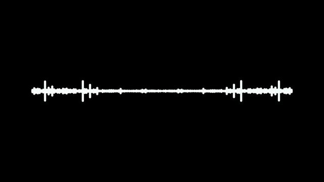 Professional audio waveform animation, white sound frequency spectrum, dynamic equalizer movement, music player visualization, digital signal monitor, minimalist black screen high resolution. 4k loop