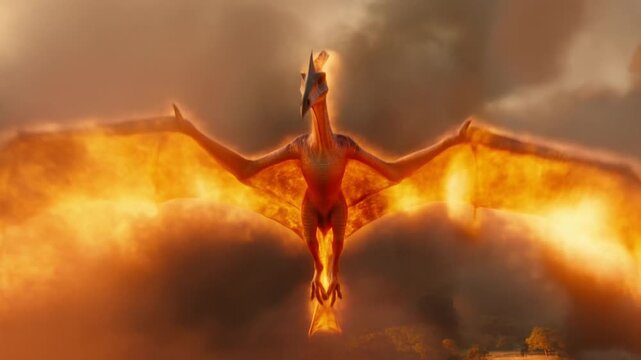 Winged pterosaur flying over smoky forest landscape beneath glowing sunset clouds