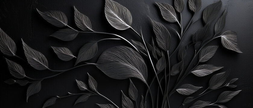 Matte black sculpted leaves and branches on dark background in minimalist luxury style