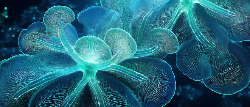 Macro shot of glowing cyan fan corals and sea anemones on dark ocean background