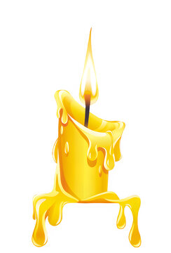 Burning Yellow Wax Candle with Dripping Wax Effect Isolated on Black Background