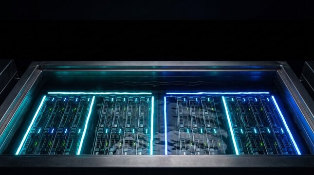 Top view of liquid immersion cooling tank with illuminated server blades in liquid.