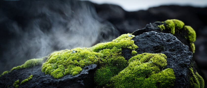 Green moss on black volcanic rock with geothermal steam rising in landscape