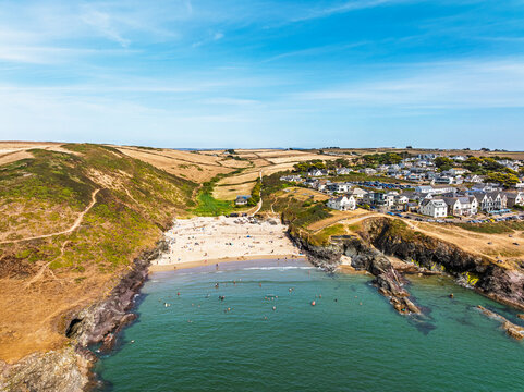 Polzeath Beach over Padstow Bay from a drone, Polzeath, Cornwall, England, Summer 2026