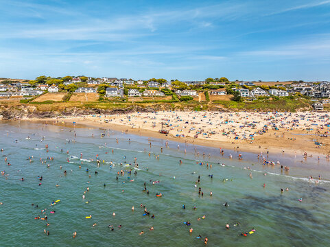 Polzeath Beach over Padstow Bay from a drone, Polzeath, Cornwall, England, Summer 2026
