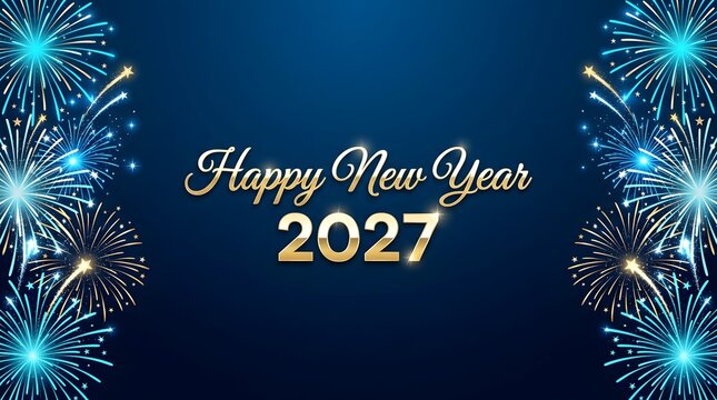 Festive happy new year 2027 greeting card design with bright blue fireworks on dark background