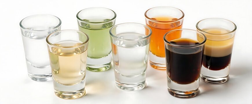 a round of party shots collection: vodka, tequila, green tea, rum, liquor, jager, b-52, transparent glasses overlay isolated on white background