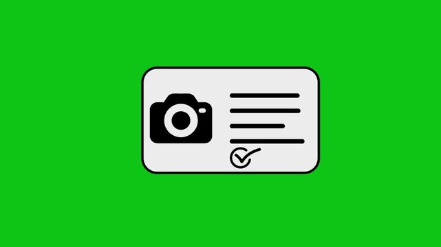Camera identification card animation showing process of taking photo and verify digital document on green screen.