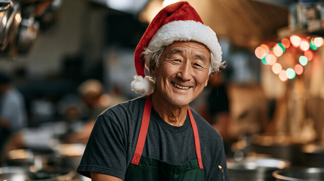 man volunteer in Santa hat in the kitchen, helping those in need, volunteering, charity  
