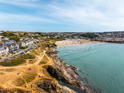 Polzeath Beach over Padstow Bay from a drone, Polzeath, Cornwall, England, Summer 2026