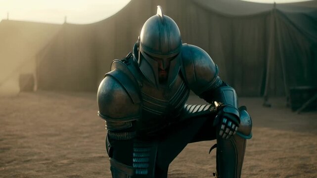 Armored warrior kneels in dusty encampment beneath large canvas tents