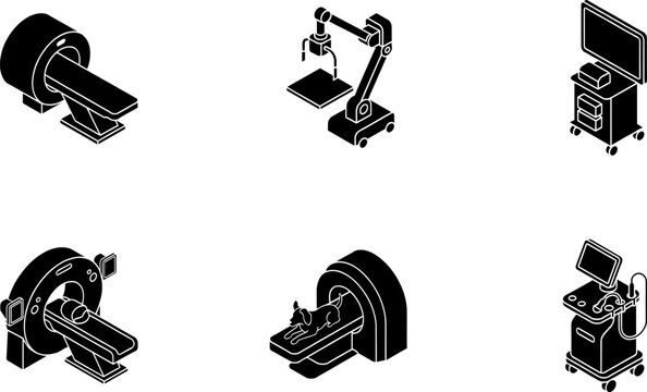 Medical diagnostic isometric equipment set black white outline for hospital