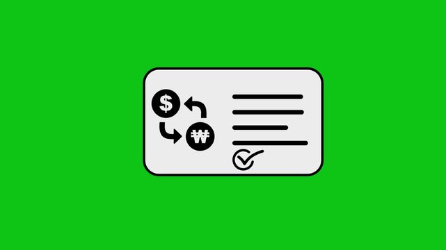 Currency exchange animated icon on digital payment card showing transaction confirmation on green screen.