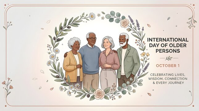 Floral ornament surrounds a group of senior adults vector illustration