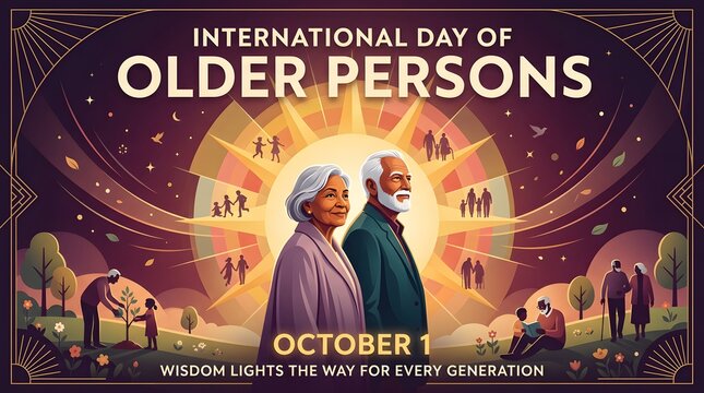 Vector illustration depicting older adults and radiating sunburst for international day