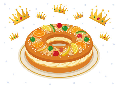 Traditional Holiday Cake With Cream Filling Garnished With Candied Fruit And Sliced Almonds Served On A Plate Surrounded By Golden Crowns Celebrating The Festive Epiphany Seasonal Bakery