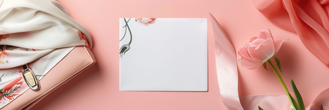 Blank floral card on pink background with purse silk scarf tulip and ribbon for mother's day invitation mockup and greeting card design. Copy space