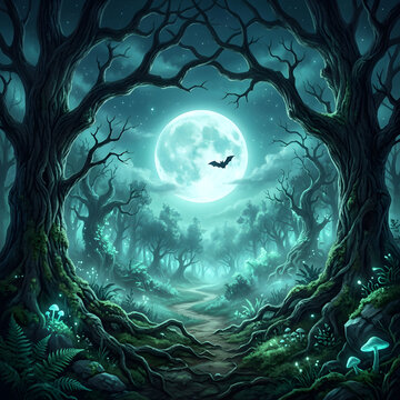 Full moon in a dark mysterious pixel art forest
