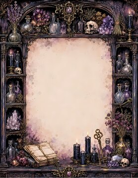 A dark, ornate shelf filled with magical items, potions, candles, a skull, crystals, and old books, creating an atmosphere of mystery and enchantment