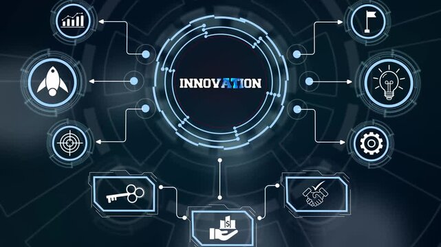 Connecting research discovery modules and futuristic business concepts on a neon Innovation grid
