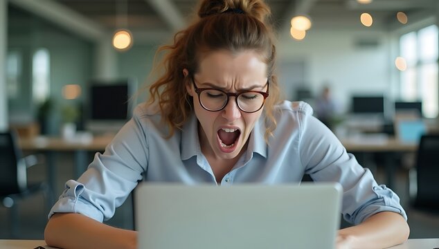 Frustrated woman yelling at laptop computer in office setting.