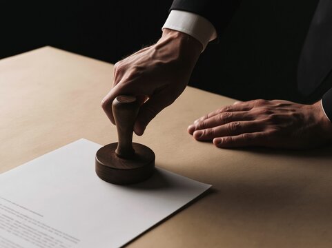 Wooden rubber stamp pressing onto a white document, featuring a person in a suit and a tactile beige tabletop with copy space for business and legal use