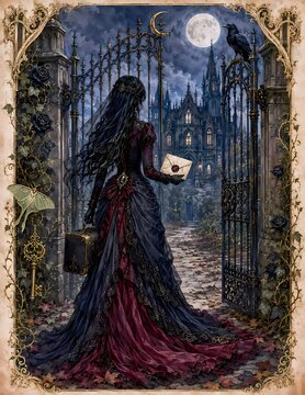 A mysterious woman in a vintage gown stands before an ornate gate, holding an envelope, with a dark castle in the background under a full moon