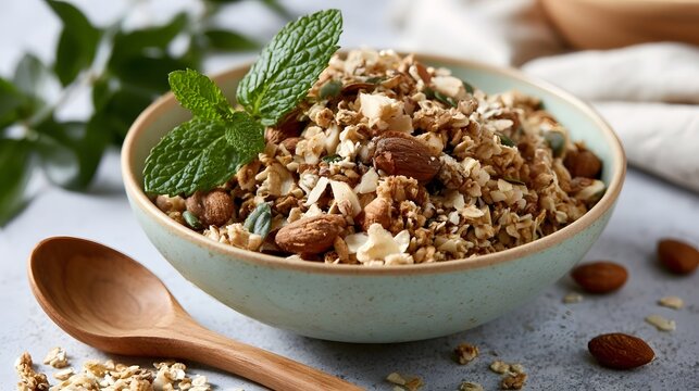 A bowl of crunchy granola topped with fresh mint leaves and scattered almonds  served with a wooden spoon on a light surface