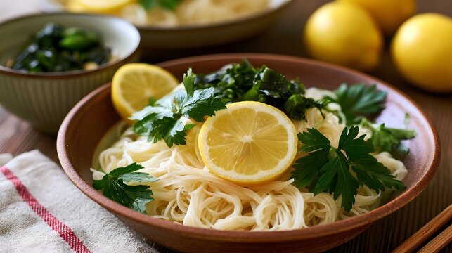 A bowl of cold lemon somen noodles garnished with fresh parsley and lemon slices  served with a side of greens