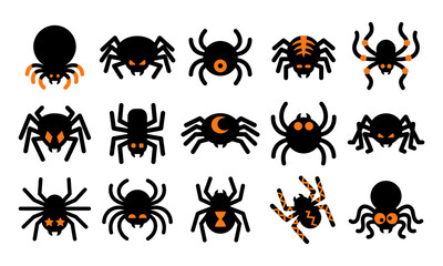 Obraz premium A collection of various black and orange spider icons designed for festive halloween decorations and spooky graphic design projects