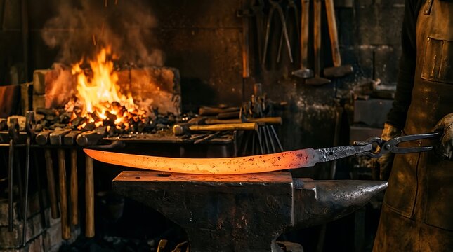 Blacksmith forging red hot metal blade on anvil in dark forge