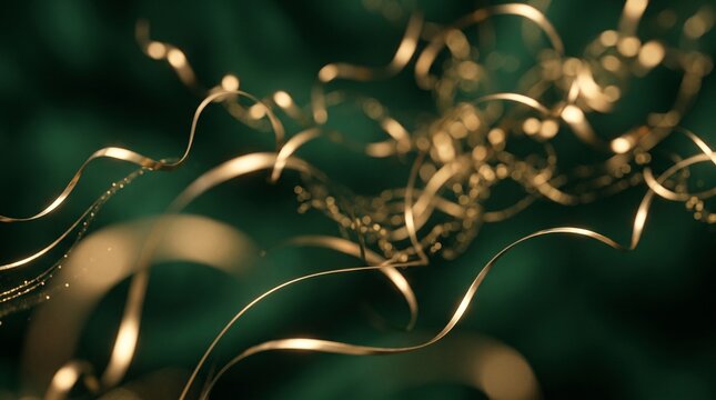 Abstract background featuring flowing golden metallic ribbons against a deep dark green textured blurred backdrop