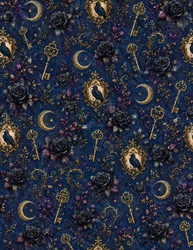 A gothic pattern featuring ravens in frames, crescent moons, roses, and ornate keys on a dark blue background